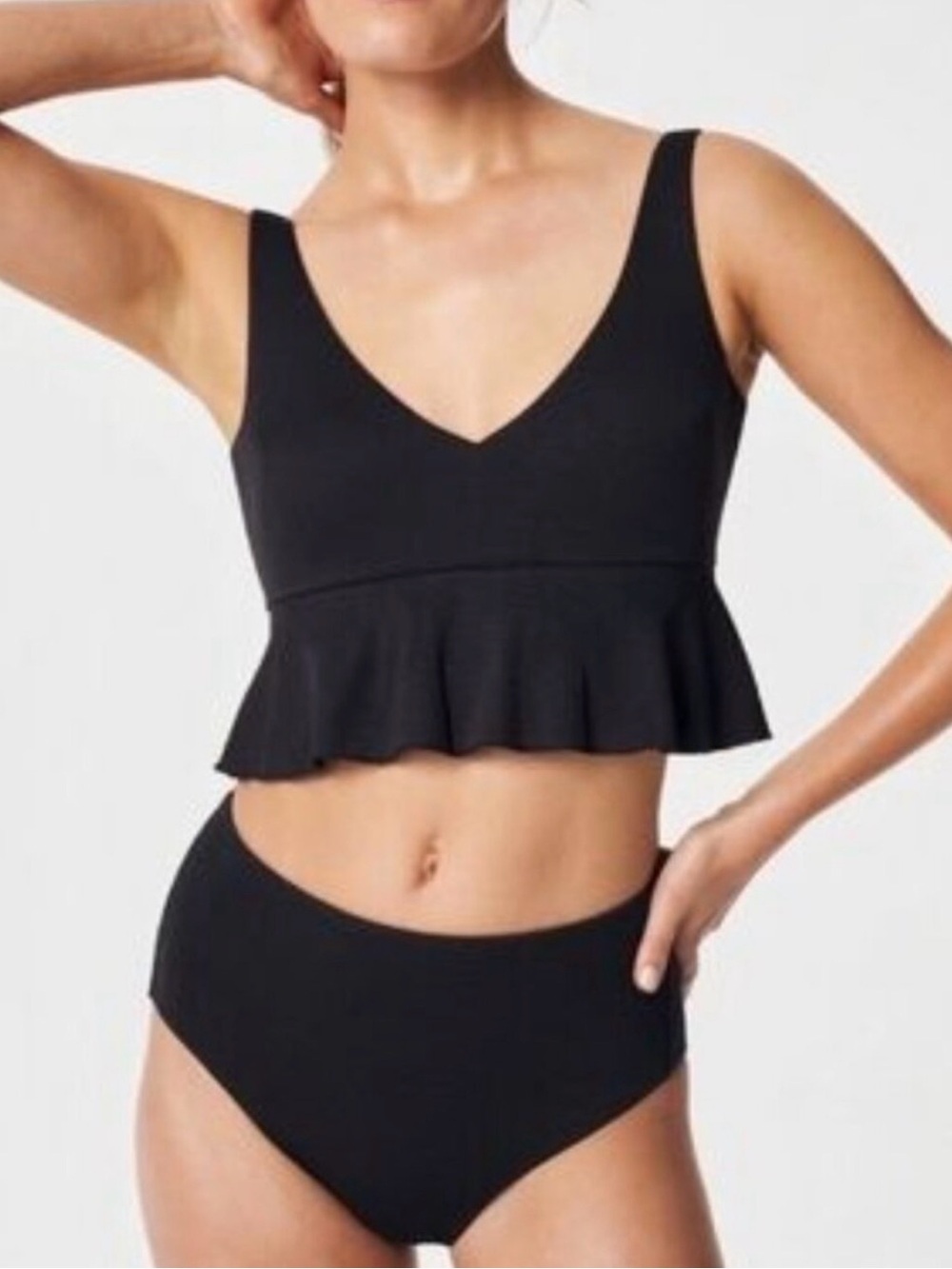 Spanx Black Pique Ruffle Hem V-Neck Swim Top Size Medium